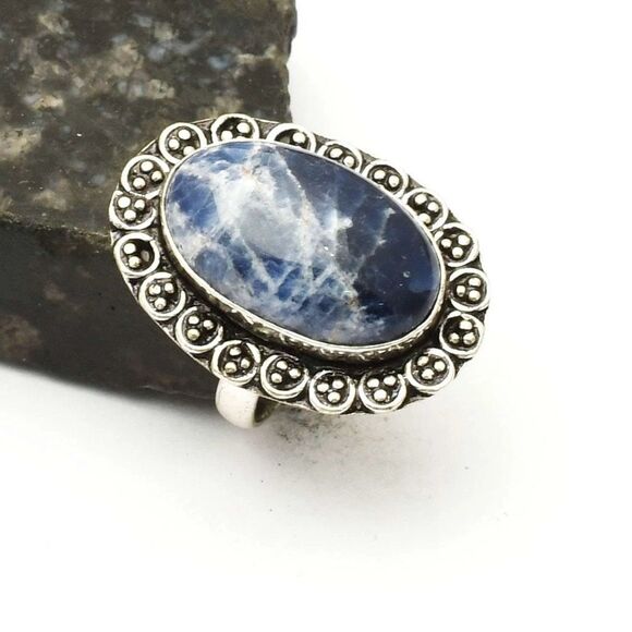Stunning Sodalite Statement Boho Silver Ring Oval Framed Size 8.5 New - Picture 2 of 6
